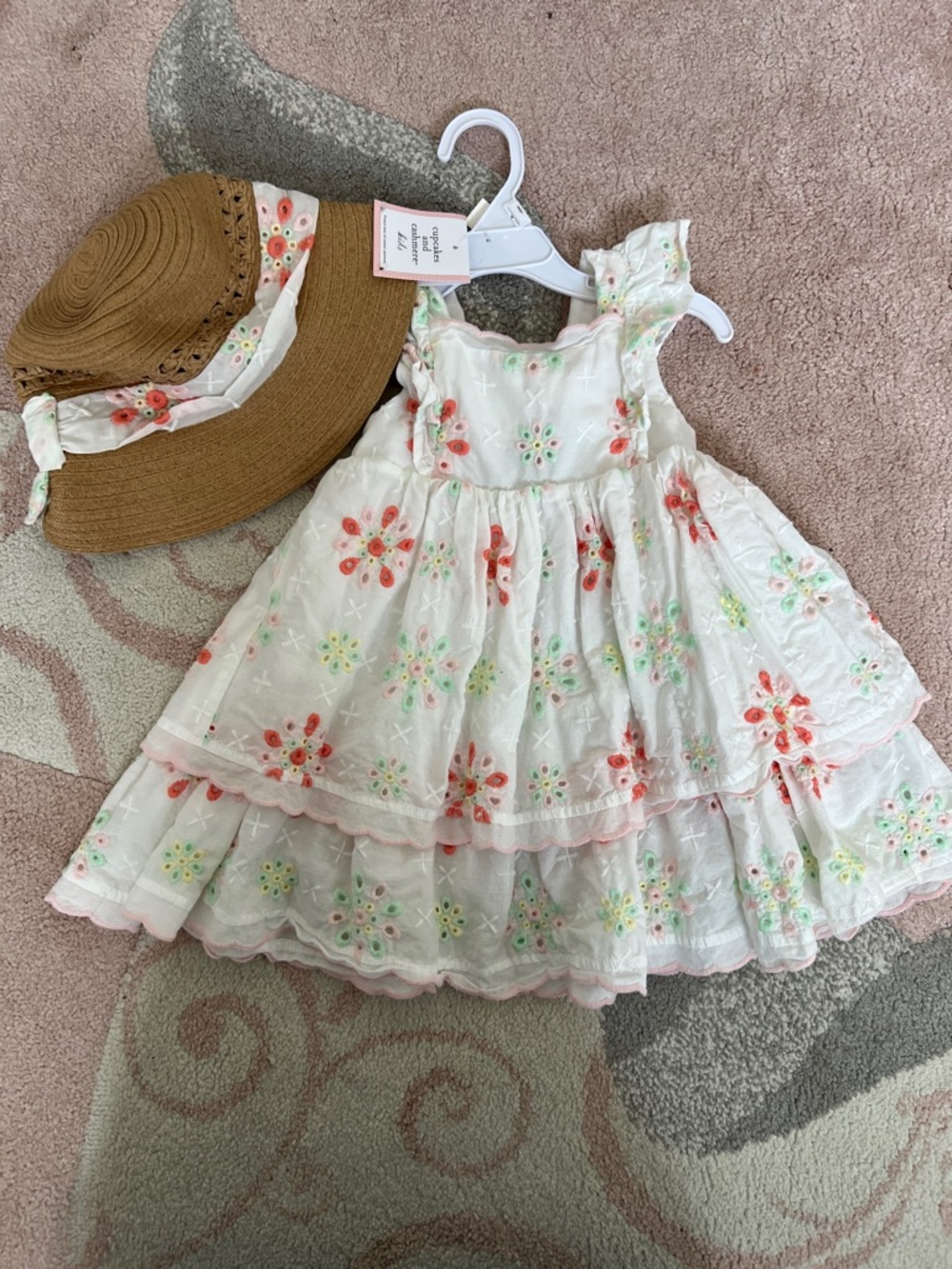 Cupcake and Cashmere Kids White Floral Tiered Sundress with Matching Straw Hatt